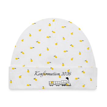 Konfirmation 2026 fahrender Zug dampfende Lok - Baby Premium Organic Mütze - Weiß/Zitronengelb - Vorne