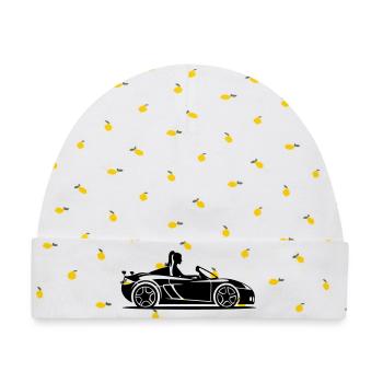 Cabrio Auto Pkw Frau - Baby Premium Organic Mütze - Weiß/Zitronengelb - Vorne