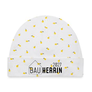Bauherrin 2027 - Baby Premium Organic Mütze - Weiß/Zitronengelb - Vorne