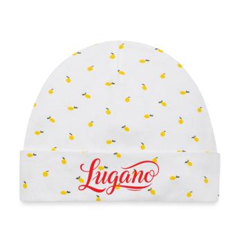Lugano in Elegante Rotschrift mit Schwung - Baby Premium Organic Mütze - Weiß/Zitronengelb - Vorne