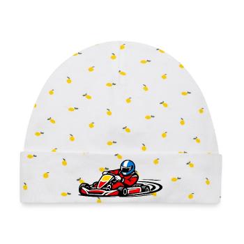 Roter Rennkart-Fahrer im Speed-Sport - Baby Premium Organic Mütze - Weiß/Zitronengelb - Vorne