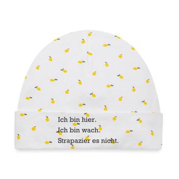 Ich bin hier. Ich bin wach. Strapazier es nicht. - Baby Premium Organic Mütze - Weiß/Zitronengelb - Vorne