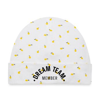 Geschenk mit gebogenem Text des Dream Team-Mitglieds - Baby Premium Organic Mütze - Weiß/Zitronengelb - Vorne