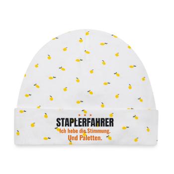 Staplerfahrer – Ich hebe die Stimmung & Paletten - Baby Premium Organic Mütze - Weiß/Zitronengelb - Vorne