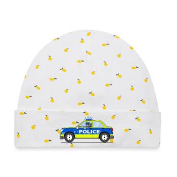 Polizeiauto mit Polizist Blau und Gelb - Baby Premium Organic Mütze - Weiß/Zitronengelb - Vorne