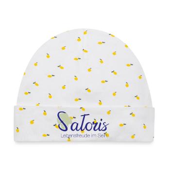Satoris-Logo, die Marke für bewusste Menschen - Baby Premium Organic Mütze - Weiß/Zitronengelb - Vorne