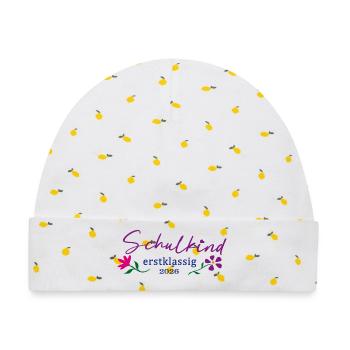 SchulKind Erstklassig 2026 - Baby Premium Organic Mütze - Weiß/Zitronengelb - Vorne
