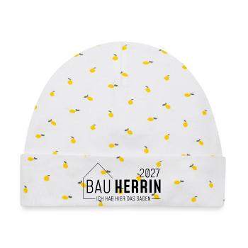 Bauherrin - ich habe hier das sagen - Baby Premium Organic Mütze - Weiß/Zitronengelb - Vorne