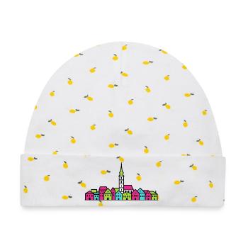 Villach City Skyline St. Jacob Church Linienzeichnung - Baby Premium Organic Mütze - Weiß/Zitronengelb - Vorne