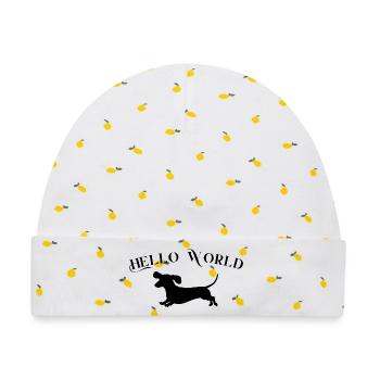 Hello World mit Dackel - Baby Premium Organic Mütze - Weiß/Zitronengelb - Vorne