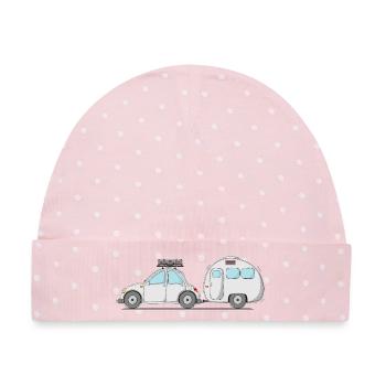Auto mit Wohnwagen und Koffer in Grau - Baby Premium Organic Mütze - Rosa/Weiße Punkte - Vorne