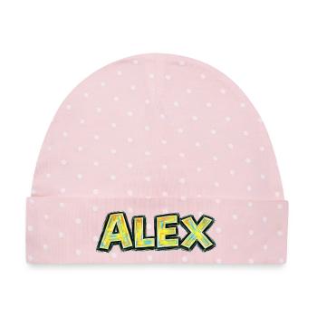 Alex – Handgezeichnete Typografie - Baby Premium Organic Mütze - Rosa/Weiße Punkte - Vorne