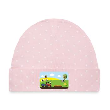 Traktor vom Bauernhof  - Kühe Felder Windmühle - Baby Premium Organic Mütze - Rosa/Weiße Punkte - Vorne