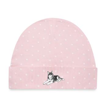 Verspielter Husky mit Kugel - Baby Premium Organic Mütze - Rosa/Weiße Punkte - Vorne