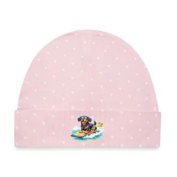 Dackel surft in der Sonne - Baby Premium Organic Mütze - Rosa/Weiße Punkte - Vorne