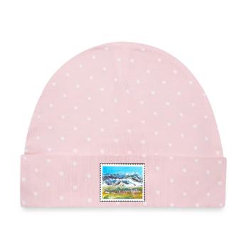 Berglandschaft mit Dorf - Baby Premium Organic Mütze - Rosa/Weiße Punkte - Vorne