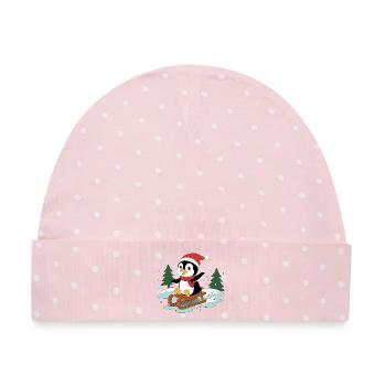 Pinguin Pino auf Schlitten - Baby Premium Organic Mütze - Rosa/Weiße Punkte - Vorne