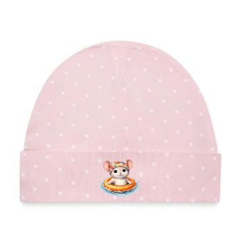 Süße Maus mit Schwimmring im Wasser  - Baby Premium Organic Mütze - Rosa/Weiße Punkte - Vorne