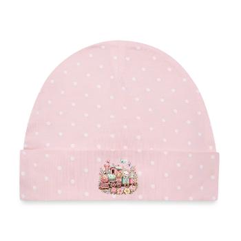 Pastell Zug mit Tierchen und Blumen - Baby Premium Organic Mütze - Rosa/Weiße Punkte - Vorne