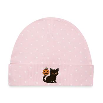 Schwarze Katze mit Halloween Kürbis - Baby Premium Organic Mütze - Rosa/Weiße Punkte - Vorne