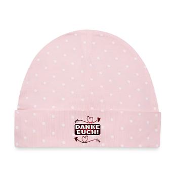 Dankeschön Geschenke - DANKE EUCH SPRÜCHE - Baby Premium Organic Mütze - Rosa/Weiße Punkte - Vorne
