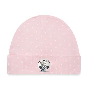 Kätzchen-Maskottchen mit Fußball - Baby Premium Organic Mütze - Rosa/Weiße Punkte - Vorne