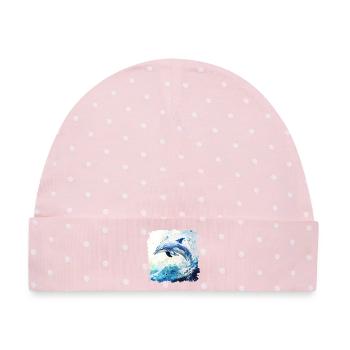 Wasserfarbener Delfin Sprung - Baby Premium Organic Mütze - Rosa/Weiße Punkte - Vorne