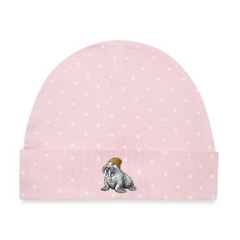 Walross mit Gelber Mütze - Baby Premium Organic Mütze - Rosa/Weiße Punkte - Vorne