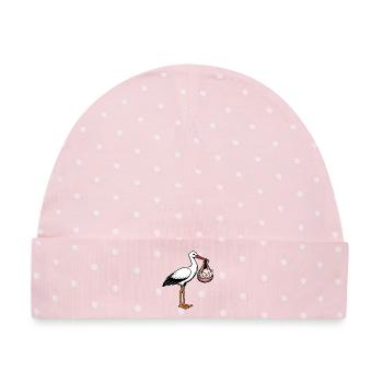 Storch mit Baby Peace im Tuch rosa - Baby Premium Organic Mütze - Rosa/Weiße Punkte - Vorne