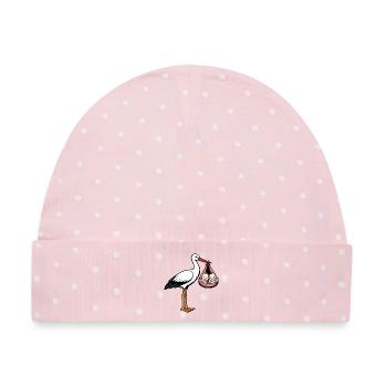 Storch mit Babys Zwillinge in Tuch rosa - Baby Premium Organic Mütze - Rosa/Weiße Punkte - Vorne