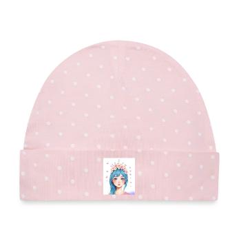 Blauhaar Mädchen mit Blumenkranz - Baby Premium Organic Mütze - Rosa/Weiße Punkte - Vorne