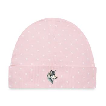 Wolfskopf mit Blumenornament - Baby Premium Organic Mütze - Rosa/Weiße Punkte - Vorne