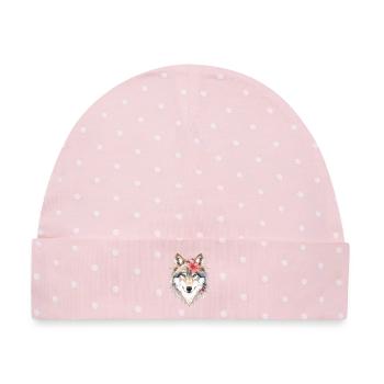 Wolfskopf mit Blumenkranz - Baby Premium Organic Mütze - Rosa/Weiße Punkte - Vorne