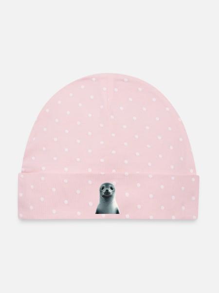 Graustufen Robbenillustration - Baby Premium Organic Mütze - Rosa/Weiße Punkte