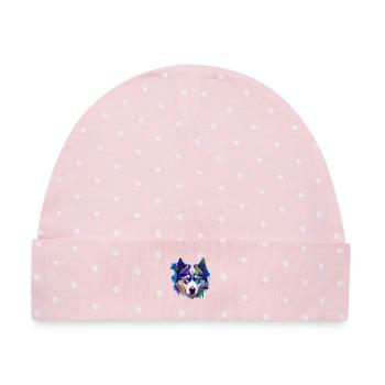 Sibirisches Husky-Hundeporträt Lebendiges Ölgemälde - Baby Premium Organic Mütze - Rosa/Weiße Punkte - Vorne