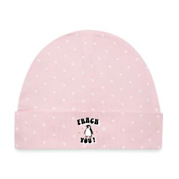„Frack you“ – Der freche Pinguin - Baby Premium Organic Mütze - Rosa/Weiße Punkte - Vorne