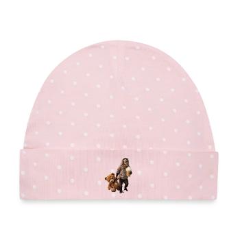 Affe Teddybär Eiskaffee Motiv - Baby Premium Organic Mütze - Rosa/Weiße Punkte - Vorne