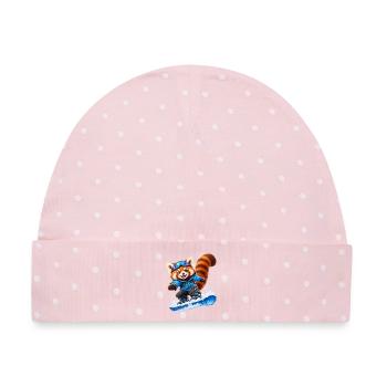 Snowboardender Red Panda auf Blue Board - Baby Premium Organic Mütze - Rosa/Weiße Punkte - Vorne