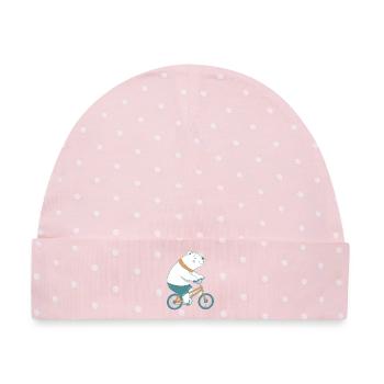 Eisbär auf orangem Fahrrad - Baby Premium Organic Mütze - Rosa/Weiße Punkte - Vorne