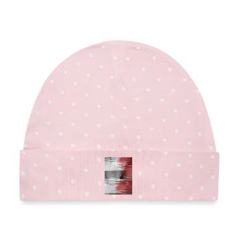 Roter Pinselstreifen auf Grauem Hintergrund - Baby Premium Organic Mütze - Rosa/Weiße Punkte - Vorne