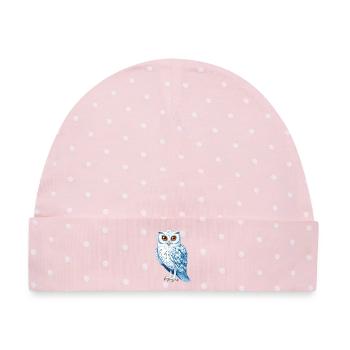 Schneeweiße Blaue Eulenzeichnung - Baby Premium Organic Mütze - Rosa/Weiße Punkte - Vorne