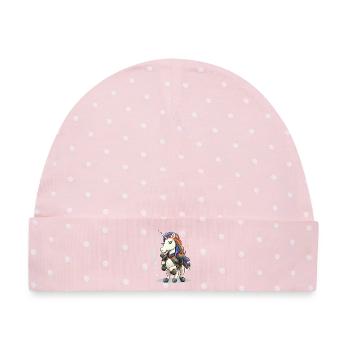 Einhorn mit Mikro auf bunter Plaid-Bühne - Baby Premium Organic Mütze - Rosa/Weiße Punkte - Vorne