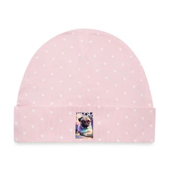 Bürohund Mops mit Laptop und pinker Brille Pop Art - Baby Premium Organic Mütze - Rosa/Weiße Punkte - Vorne