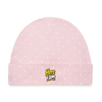 Hier bin ich bunter Schriftzug - Baby Premium Organic Mütze - Rosa/Weiße Punkte - Vorne