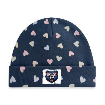 Game Day Bär mit Herzbrille - Baby Premium Organic Mütze - Marineblau/Bunte Herzen - Vorne