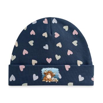 Highland Kuh Mit Katze Bauernhof Tierhumor Cartoon - Baby Premium Organic Mütze - Marineblau/Bunte Herzen - Vorne