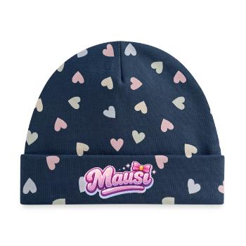 Mäusi Pink Logo mit Schleife - Baby Premium Organic Mütze - Marineblau/Bunte Herzen - Vorne