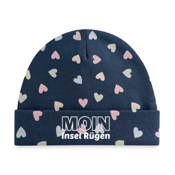 MOIN Insel Rügen Logo - Baby Premium Organic Mütze - Marineblau/Bunte Herzen - Vorne