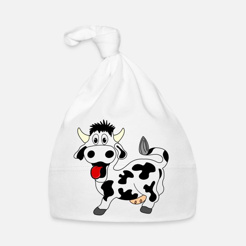 Vache noire et blanche joyeuse avec langue sortie de la bouche Bonnet bio Bébé