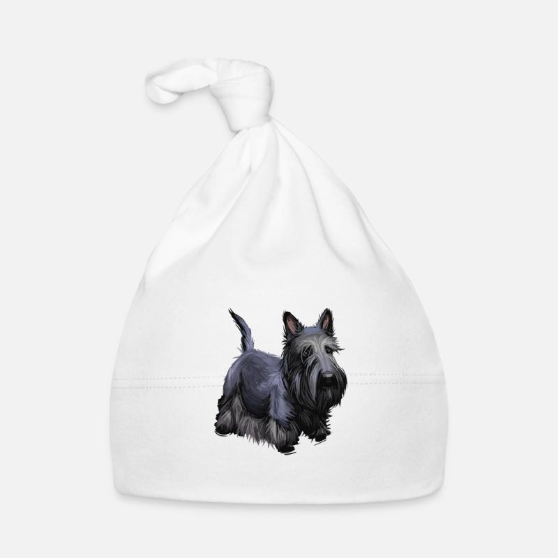 Illustration de l’aquarelle du chien Scottish Terrier - Bonnet bio Bébé - blanc